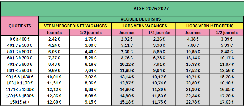 tarifs ALSH 2026-2027